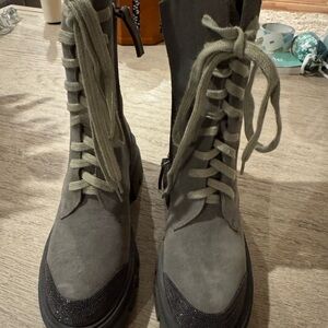 Brunello Cucinelli Charcoal Lace-Up Moto Boots